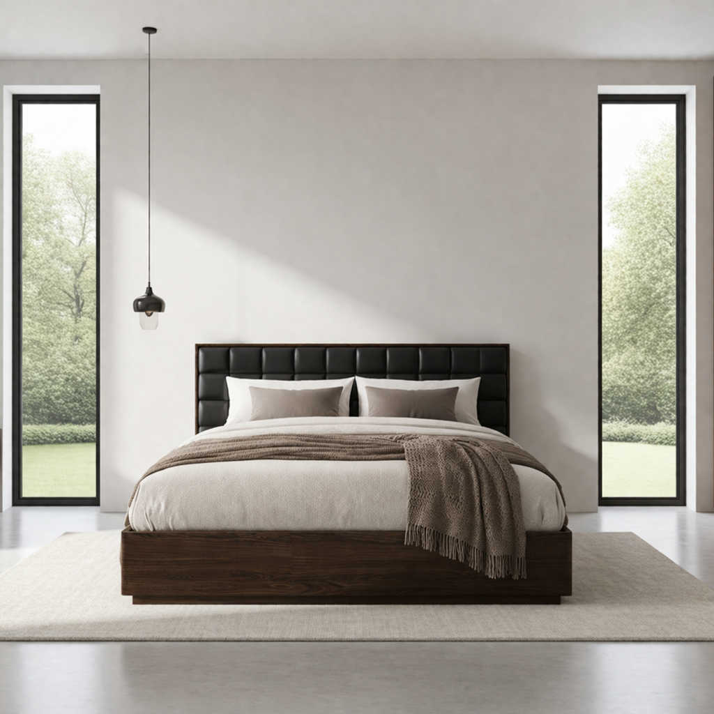 Modern bedroom with a black upholstered bed and large windows.