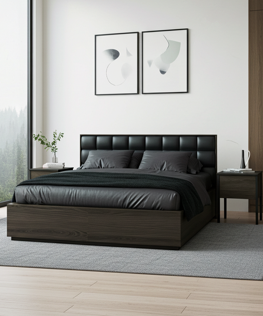 Modern bedroom with a black leather bed, nightstands, and abstract wall art.