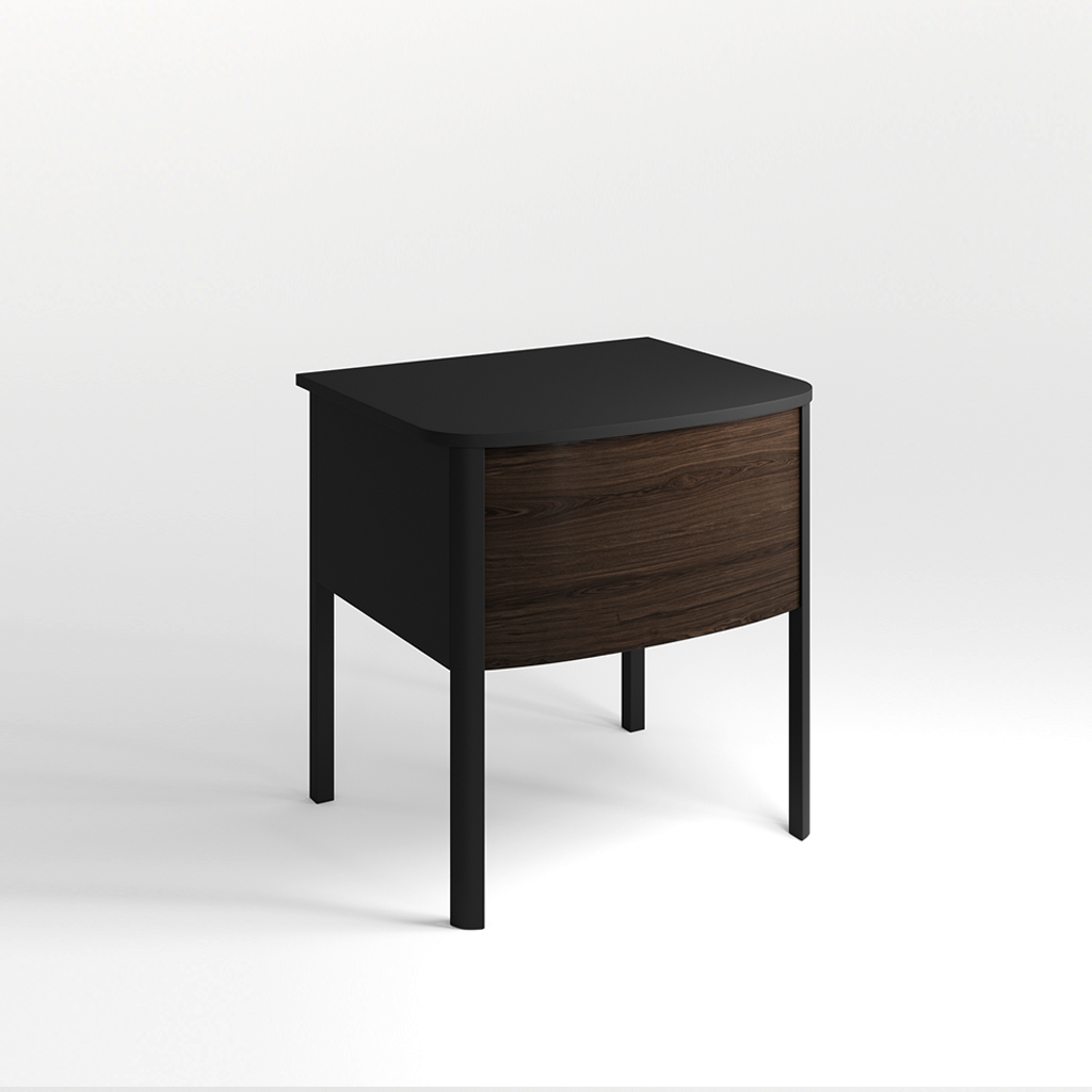 Black and walnut bedside table on a white background
