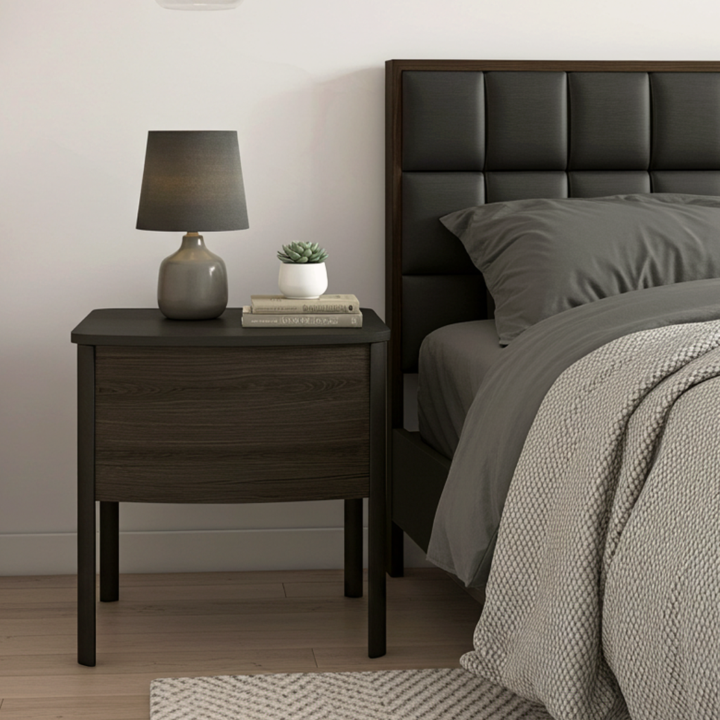 Bedroom with dark wood nightstand and bed with grey bedding.