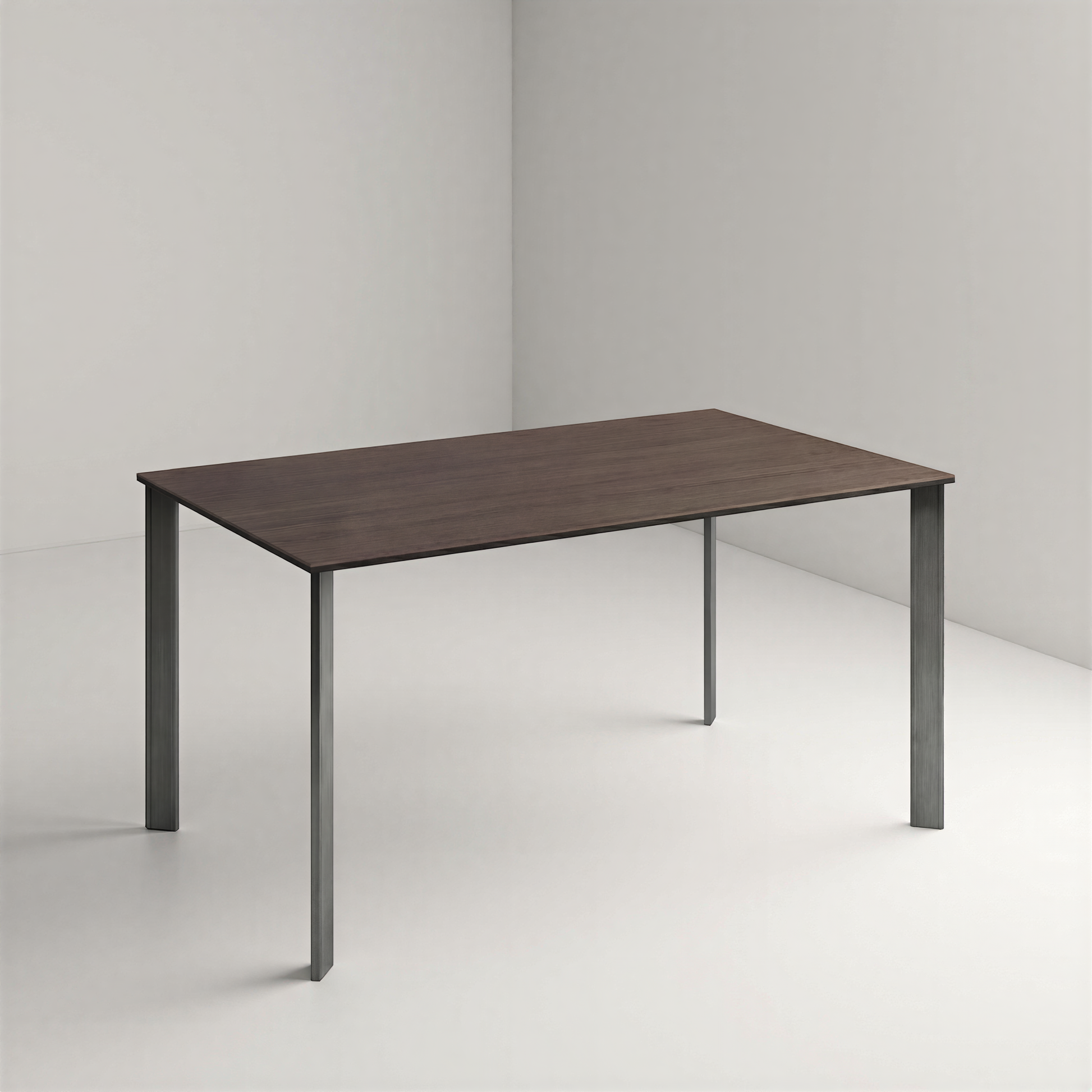 Rectangular table with dark brown wooden top and dark brushed metal legs on a plain background