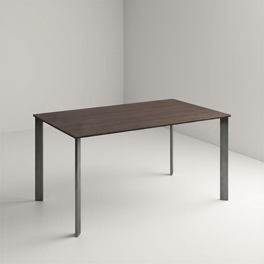 Rectangular table with dark brown wooden top and dark brushed metal legs on a plain background