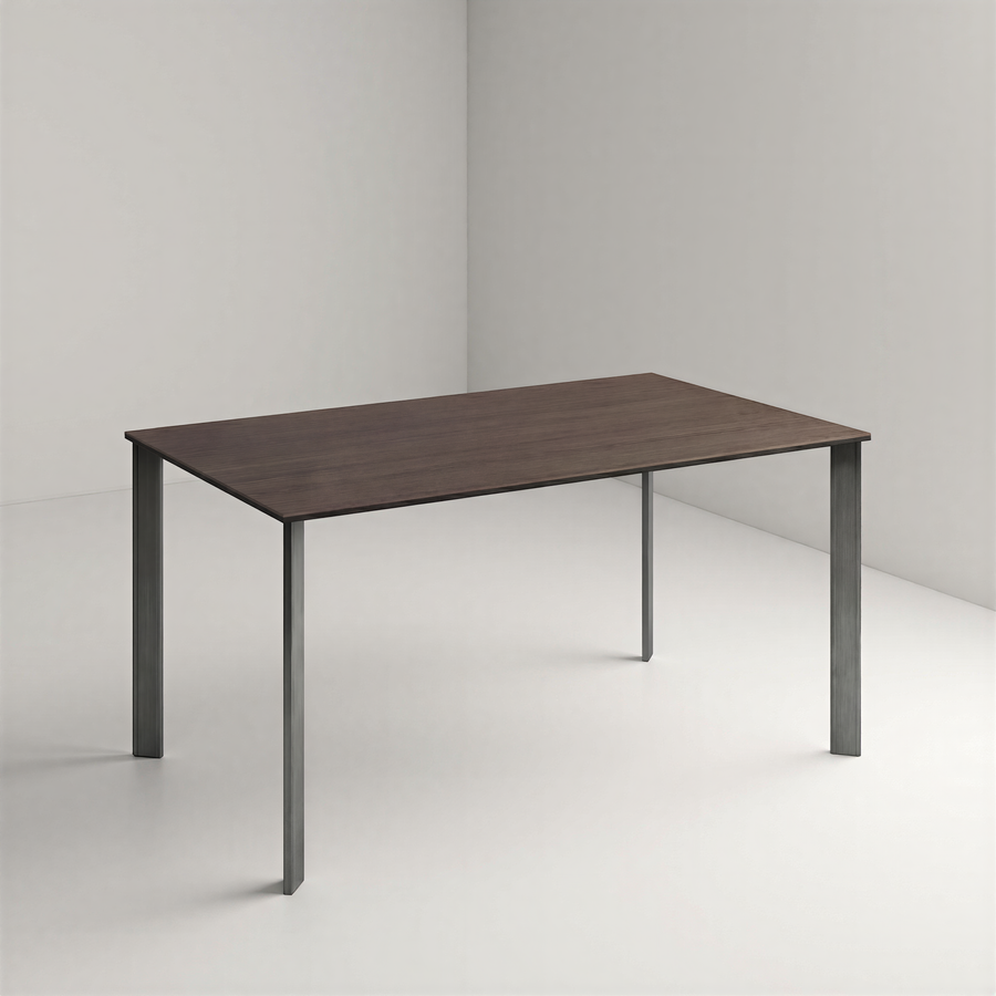 Rectangular table with dark brown wooden top and dark brushed metal legs on a plain background