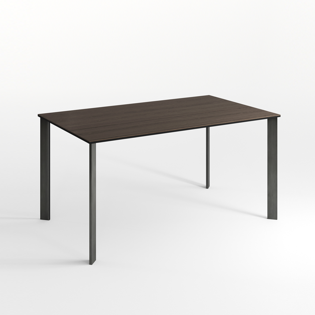 Rectangular table with dark brown top and chrome legs on a white background
