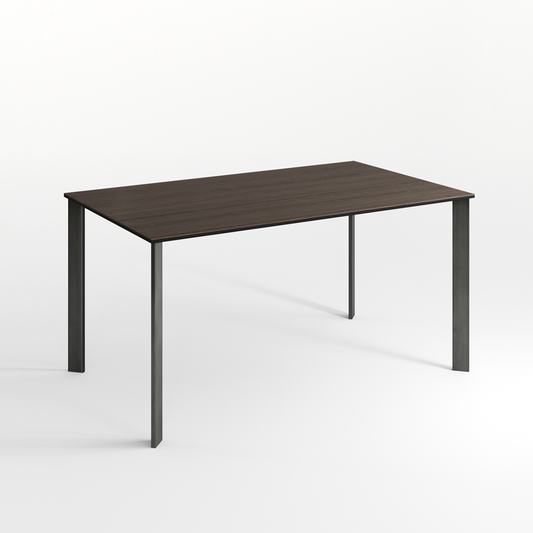 Rectangular table with dark brown top and chrome legs on a white background
