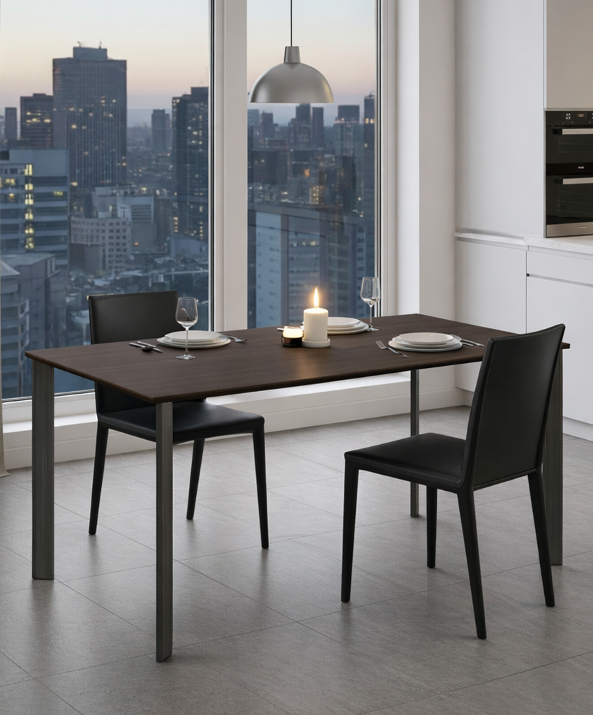 Dining table set with 4 chairs in a modern kitchen with cityscape view
