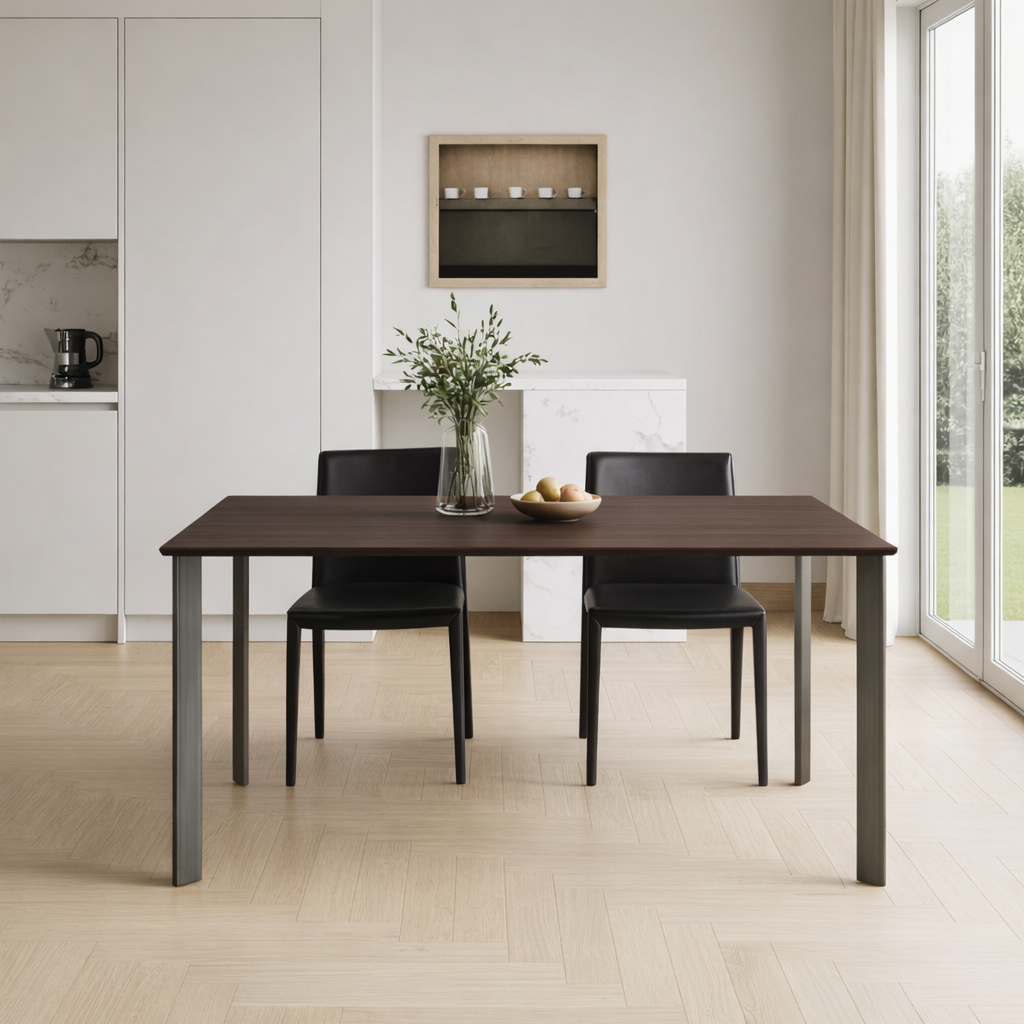 Dining room with a wooden table and 2 chairs in a modern kitchen.