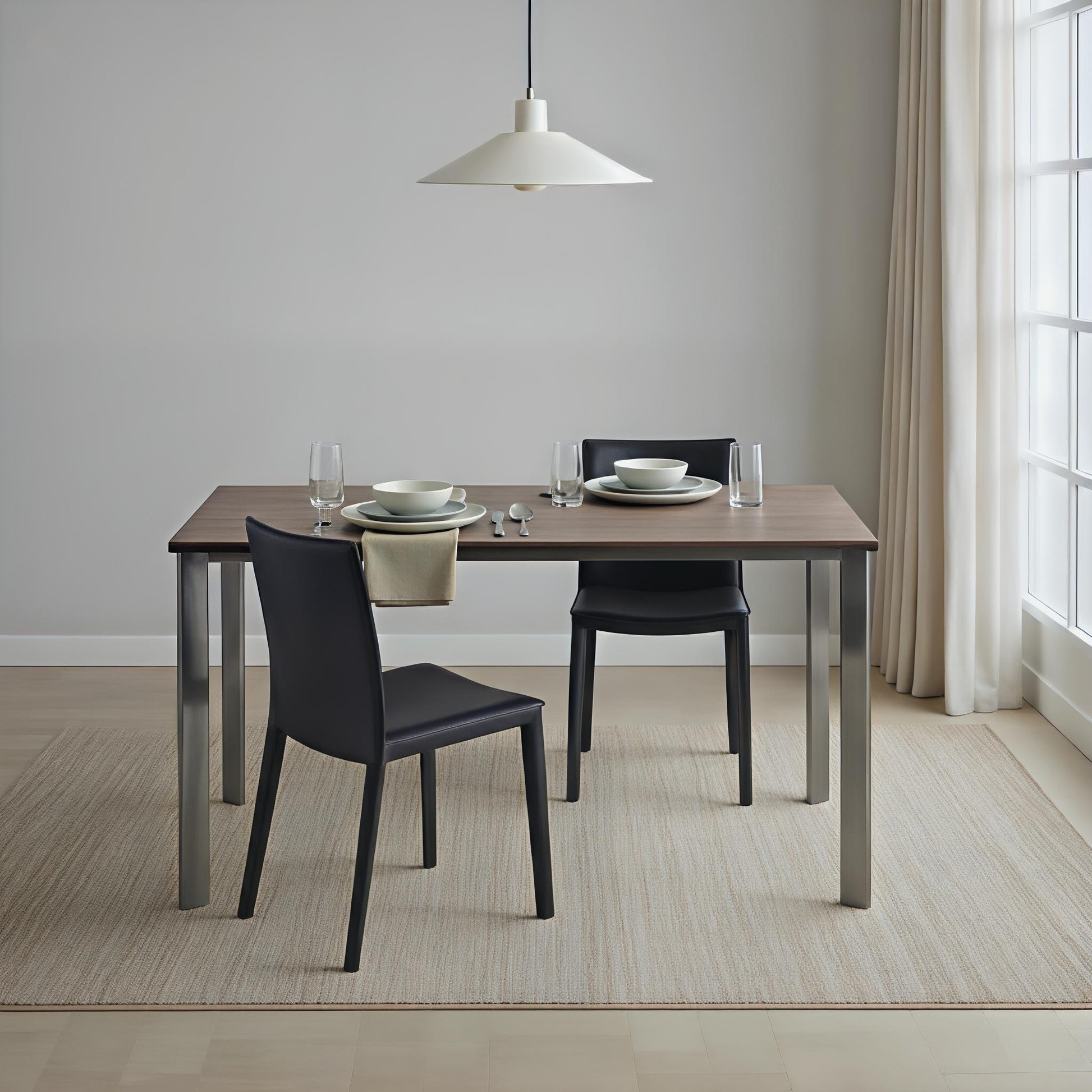 Dining table set with chairs in a room with a light grey wall and large window.