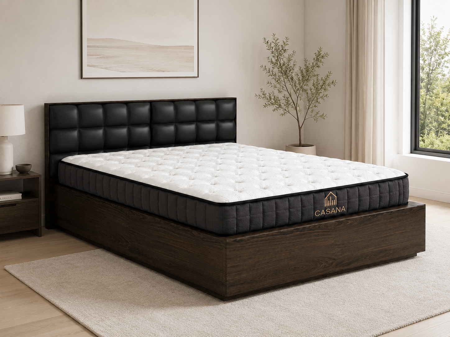 A Casina mattress shown in a styled bedroom setting on a dark wood platform bed with a black tufted headboard, beige rug, and window in the background.