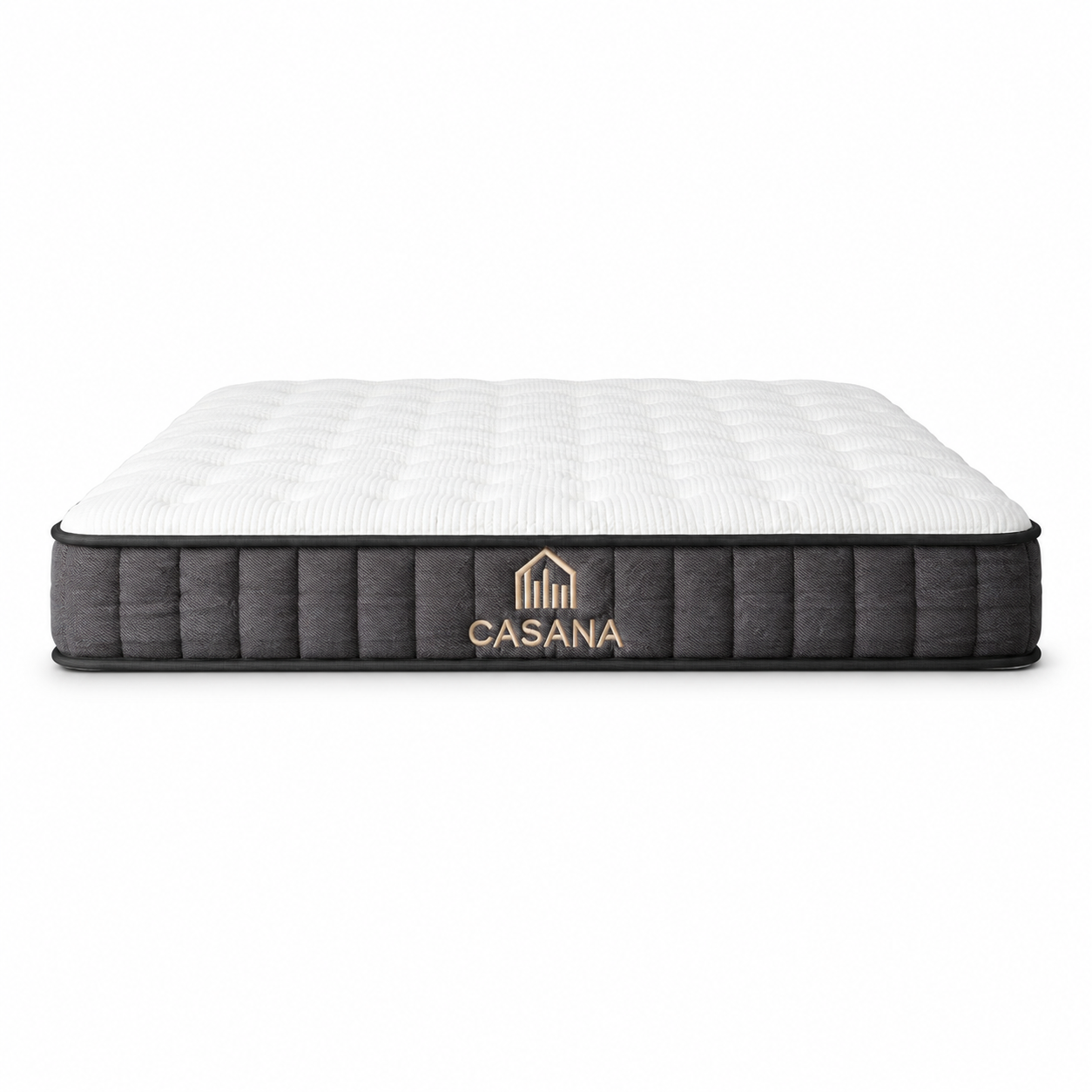 A Casana mattress with a white quilted top and a grey side, featuring the Casana brand logo embroidered in gold on the side, set against a plain white background.
