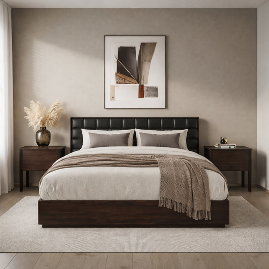 Sophisticated bedroom in black and walnut tones featuring a double bed and two nightstands.