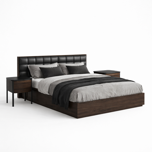 Bedroom set with dark wood bed frame, and 2 nightstands on a white background