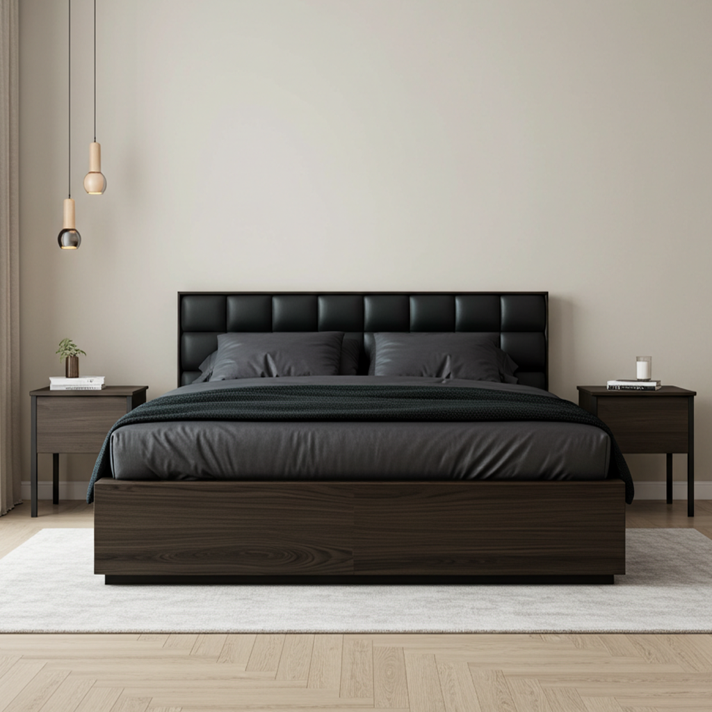 Modern bedroom with a black upholstered bed, 2 dark wood nightstands, and grey bedding.