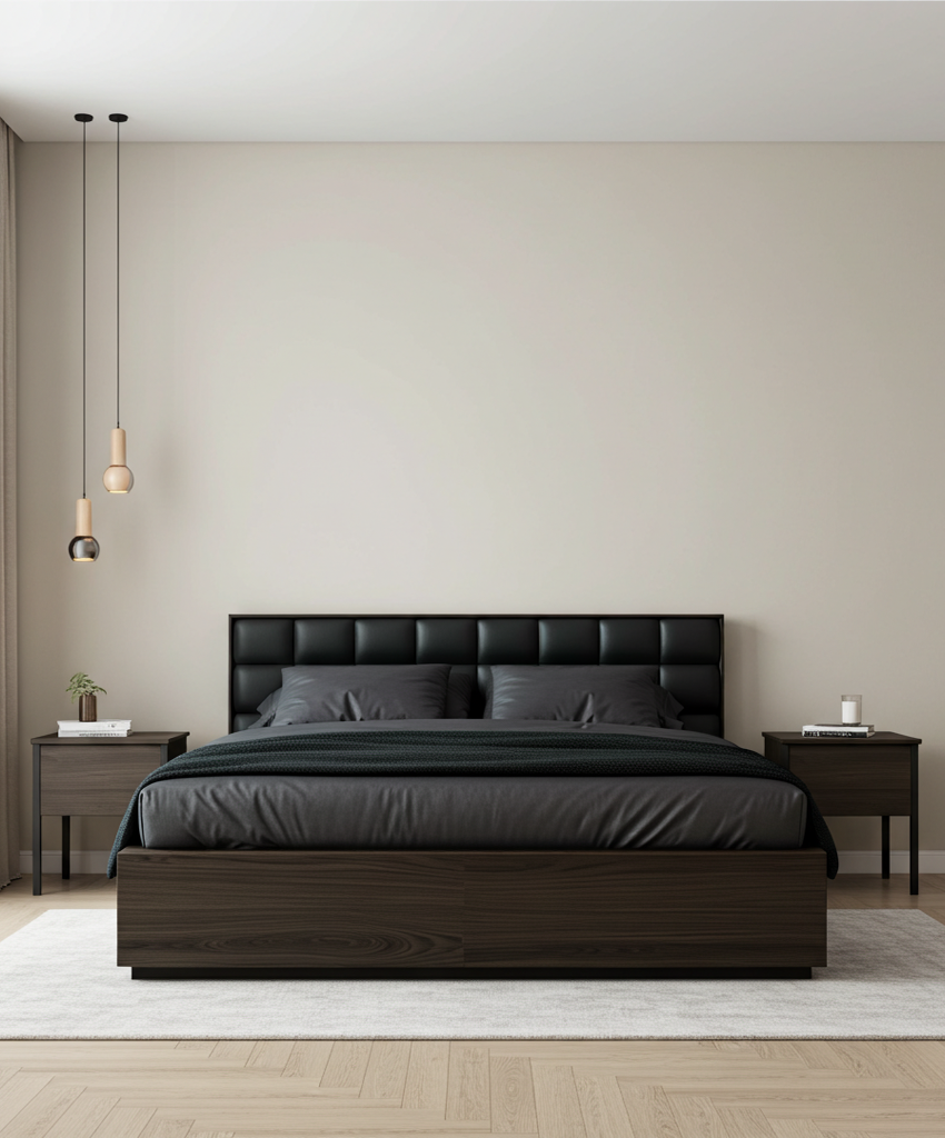 Modern bedroom with a dark wooden bed and matching nightstands.
