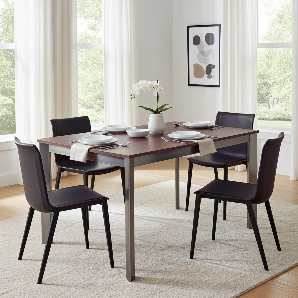 Dining room with a wooden table and black chairs in a well-lit room.