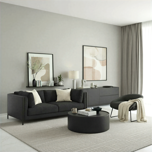 Sophisticated living room in black and walnut tones featuring a sofa, armchair, coffee table and tv unit.