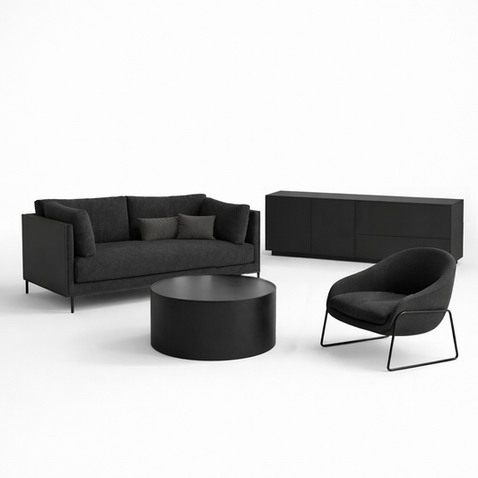 White background image showing furniture package contents of sofa, armchair, coffee table and tv unit. 