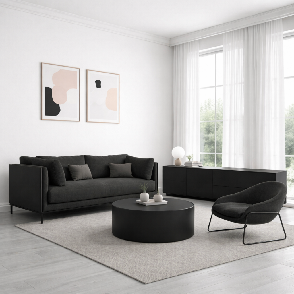Black living room furniture set with sofa, armchair, tv unit and coffee table in a modern living room.