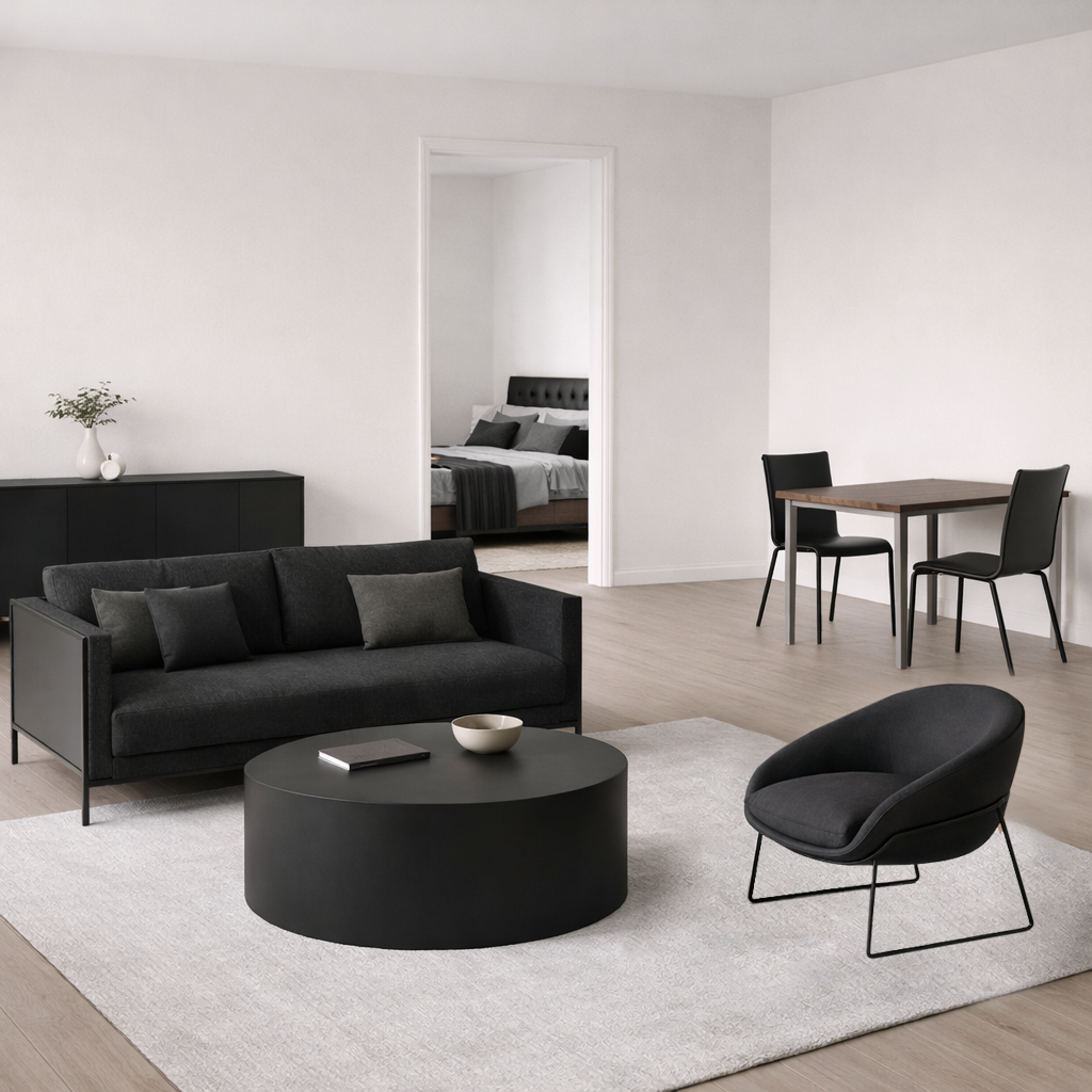 Modern open plan 1 bedroom apartment in black and walnut tones featuring a living, dining and bedroom furniture.