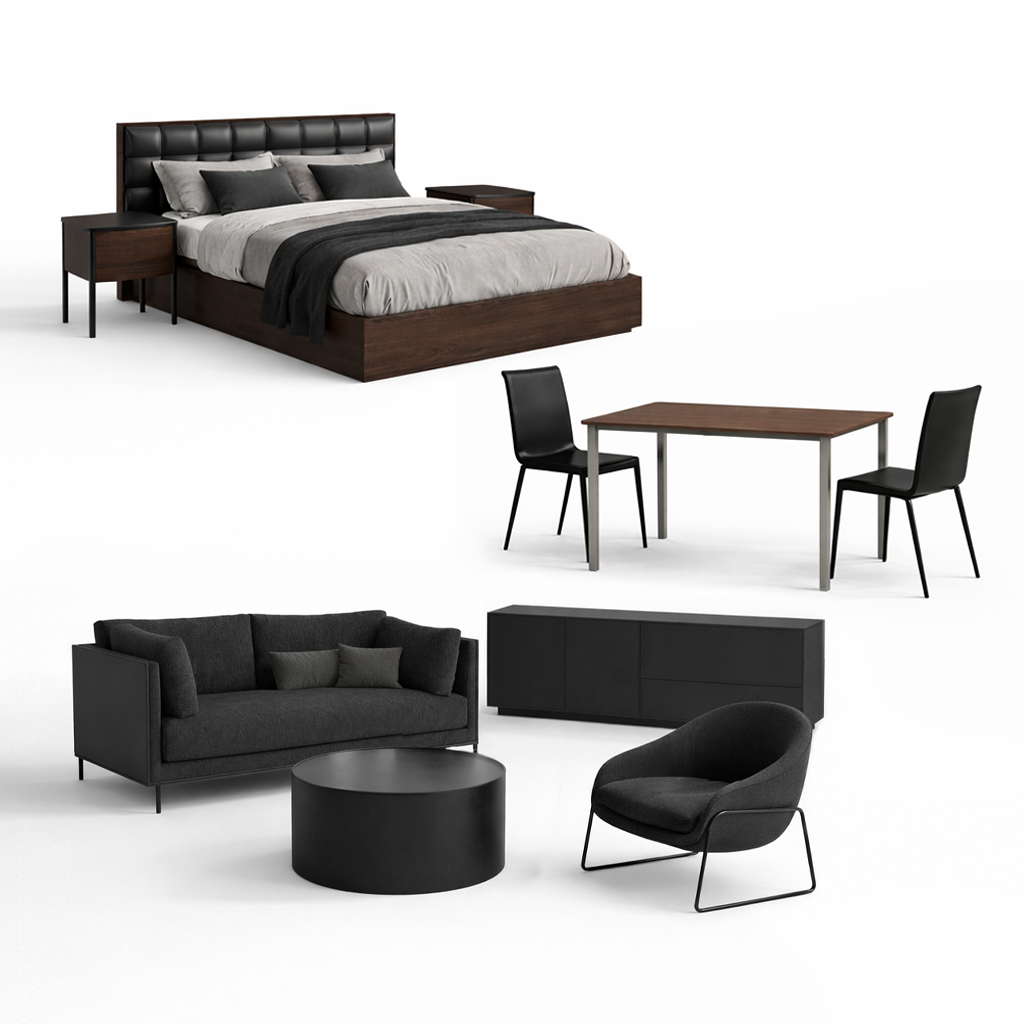 White background image showing furniture package contents of a bed/nightstands, dining table and 2 chairs, sofa, armchair, coffee table and tv unit. 