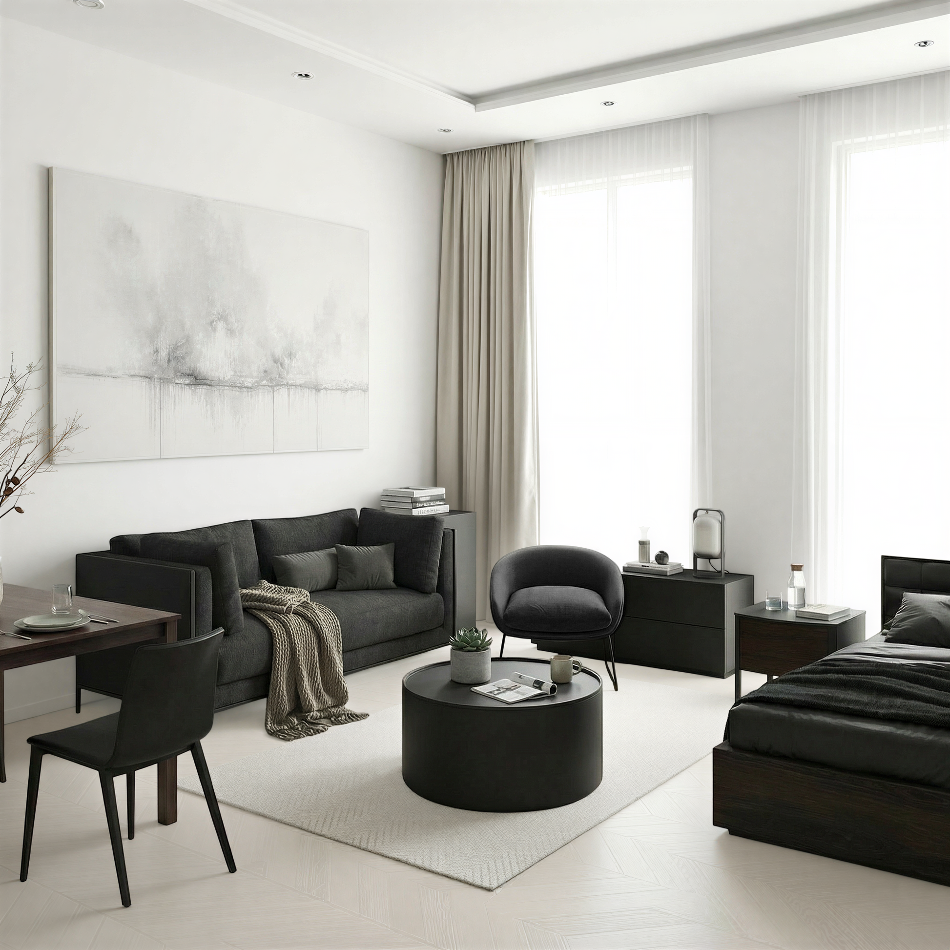 Modern open plan studio apartment in neutral tones featuring a living, dining and bedroom furniture.