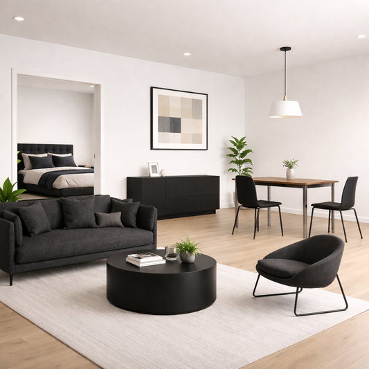 Modern open plan 1 bedroom apartment in black and walnut tones featuring a living, dining and bedroom furniture.