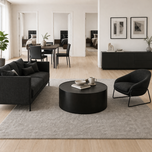 Modern open plan 3 bedroom apartment in black and walnut tones featuring a living, dining and bedroom furniture.