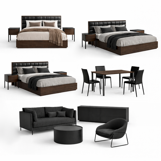 White background image showing furniture package contents of 2 beds/nightstands, dining table and 4 chairs, sofa, armchair, coffee table and tv unit. 