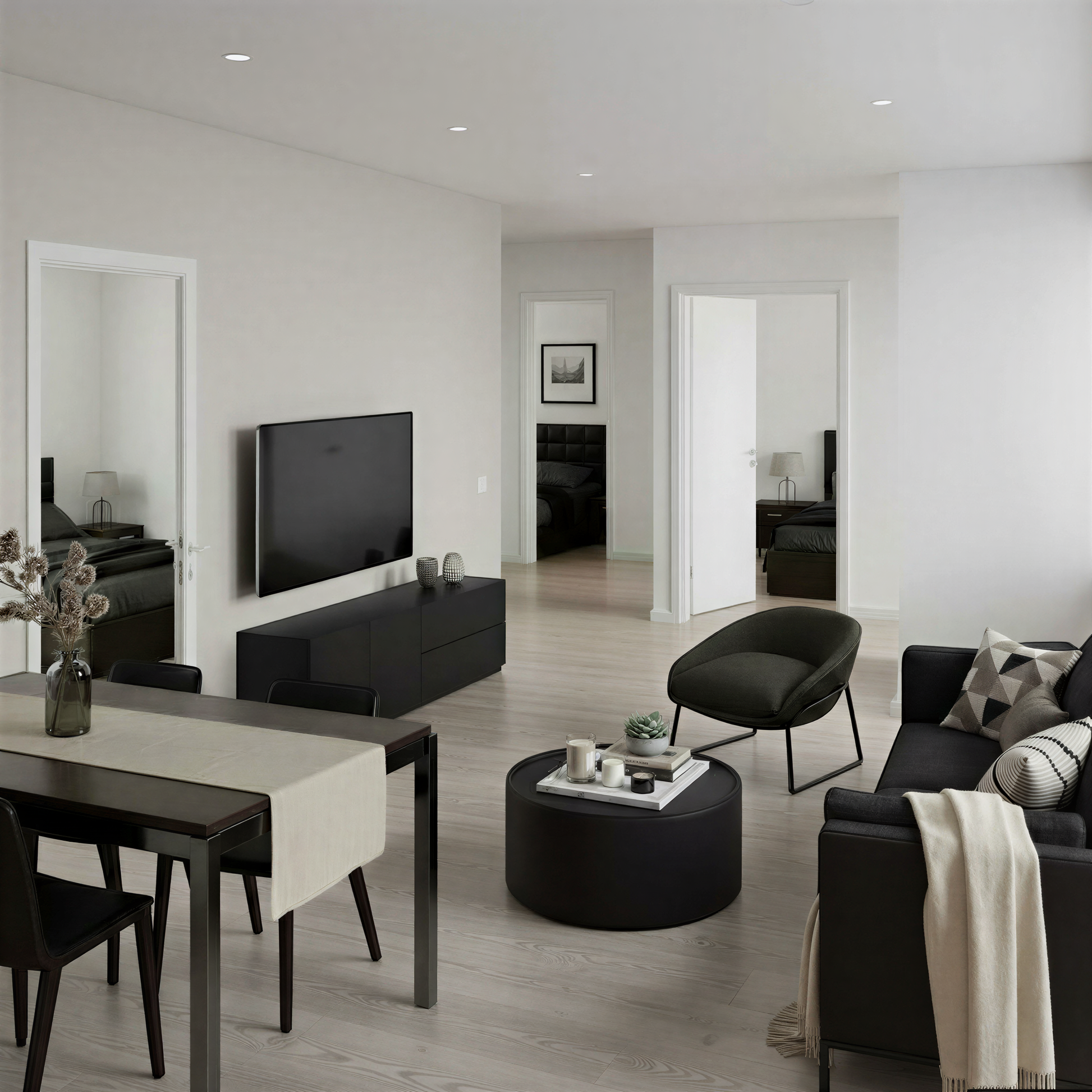 Modern open plan 3 bedroom apartment in neutral tones featuring a living, dining and bedroom furniture.