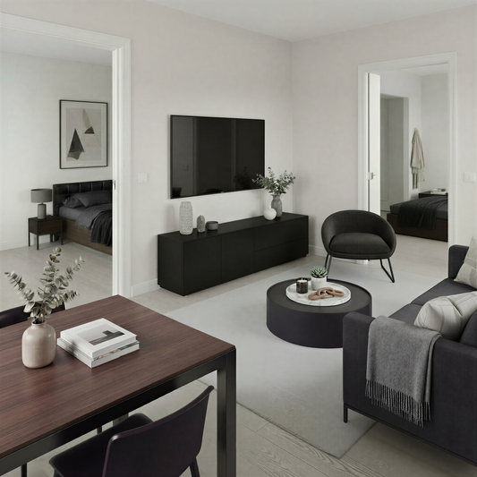 Modern open plan 2 bedroom apartment in black and walnut tones featuring a living, dining and bedroom furniture.