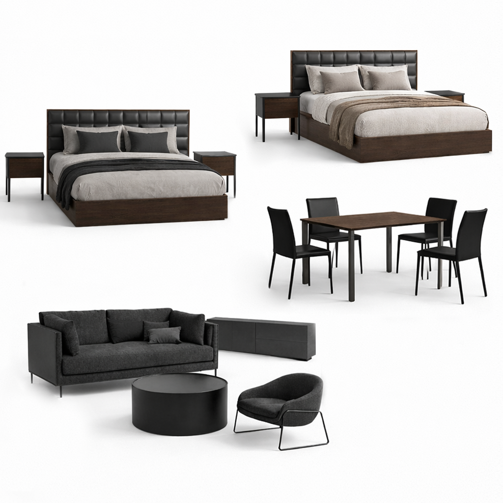 White background image showing furniture package contents of 2 beds/nightstands, dining table and 4 chairs, sofa, armchair, coffee table and tv unit. 