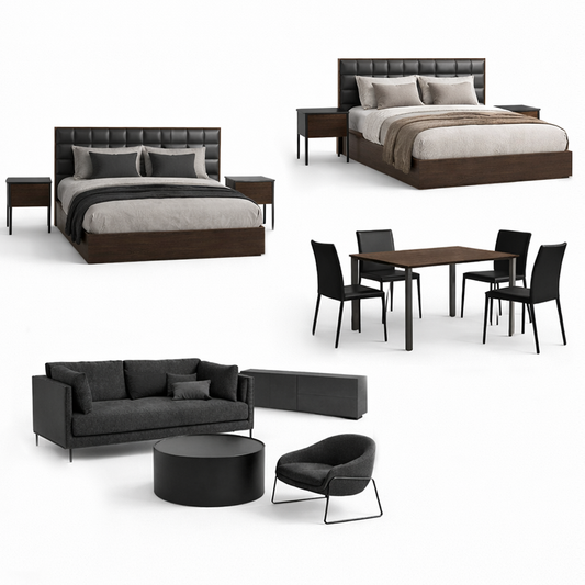 White background image showing furniture package contents of 2 beds/nightstands, dining table and 4 chairs, sofa, armchair, coffee table and tv unit. 