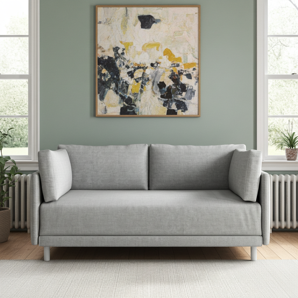 Grey sofa in a room with abstract art on the wall