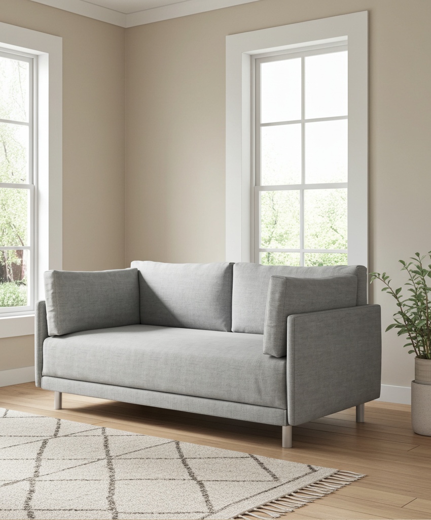 Grey sofa in a room with large windows and a patterned rug.