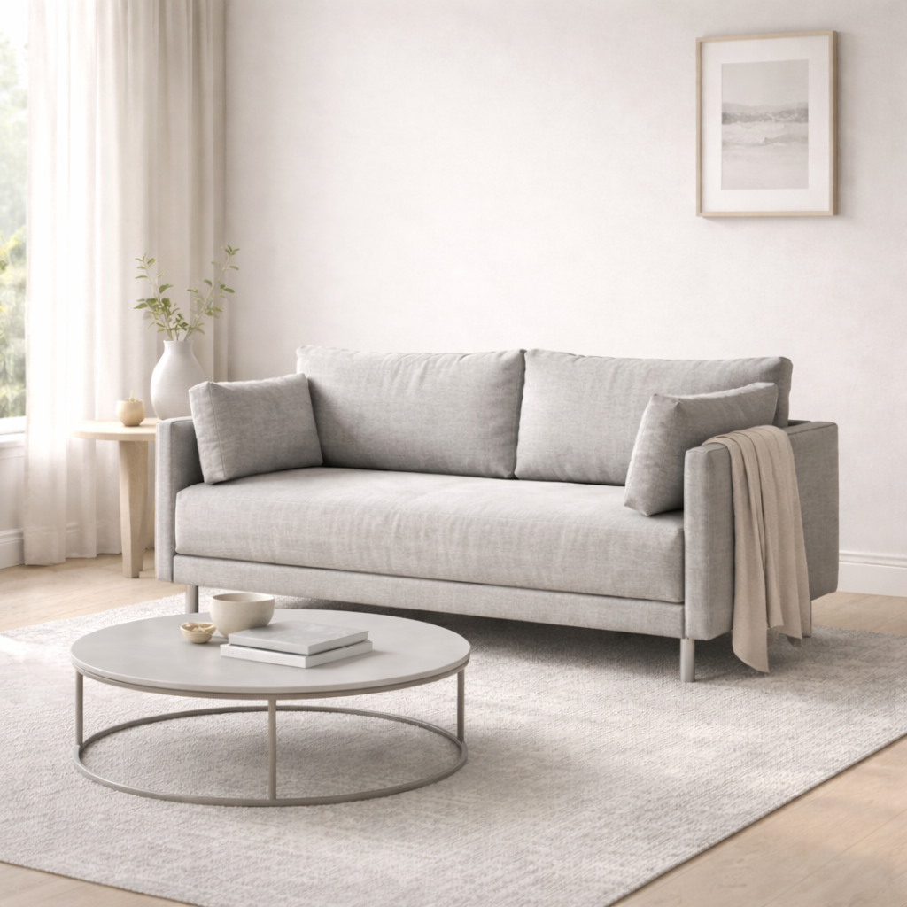 Grey sofa in a living room with a round coffee table and a framed picture on the wall.