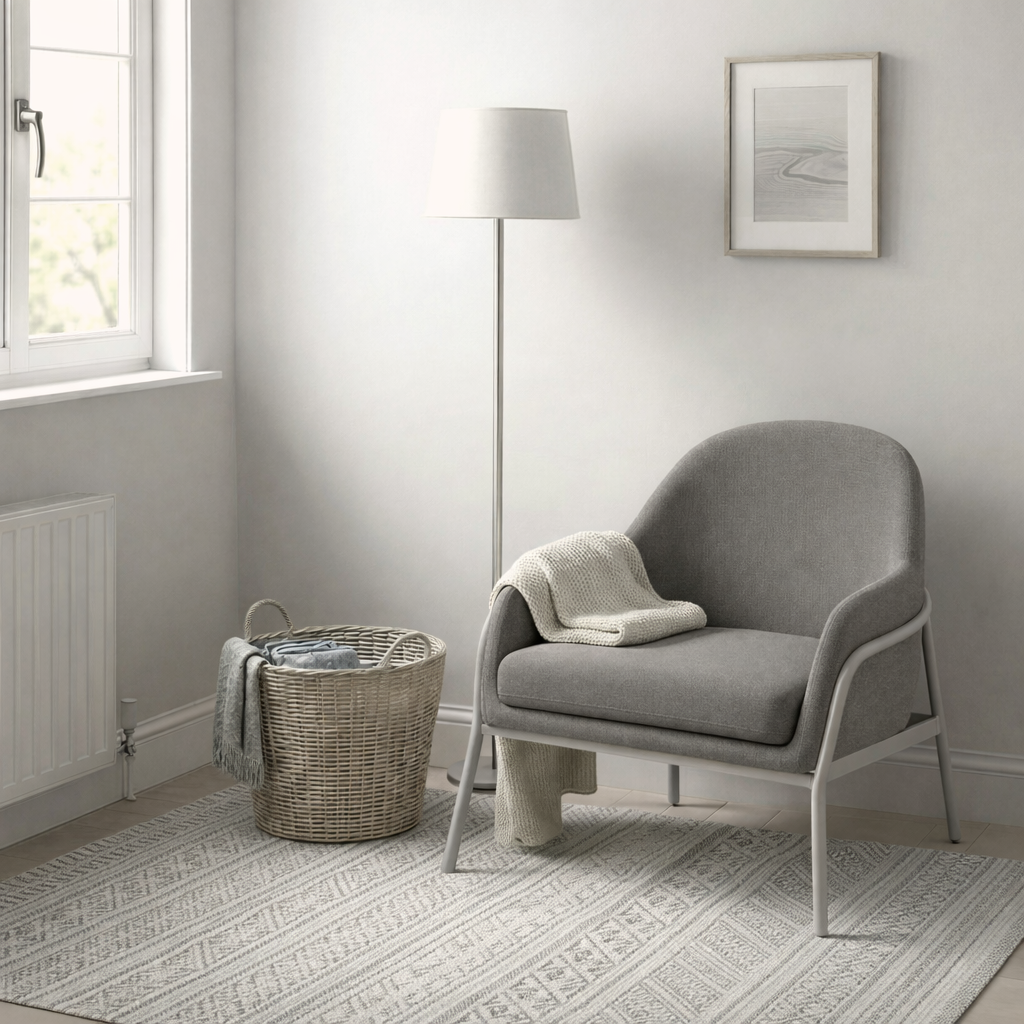 Grey armchair in a room with a lamp, basket, and window.
