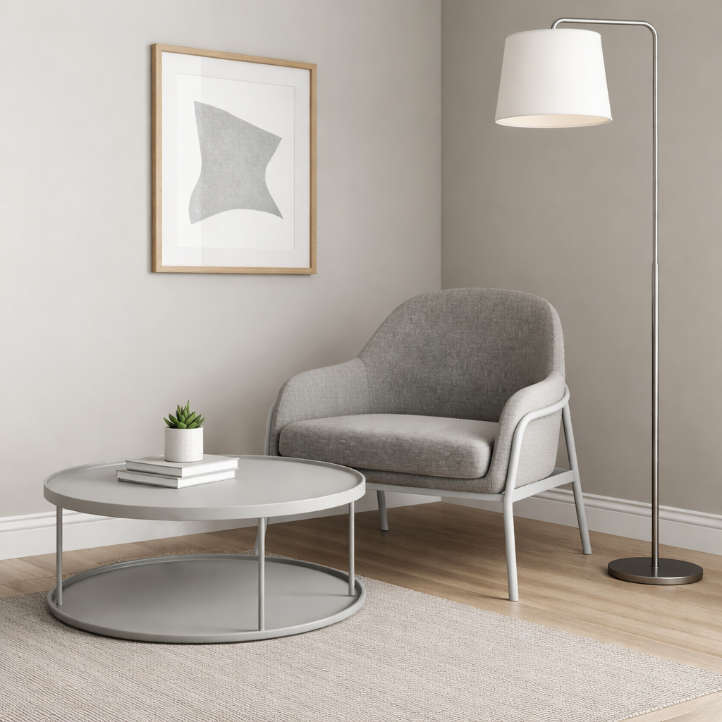 Modern living room with a grey armchair, round coffee table, and floor lamp.