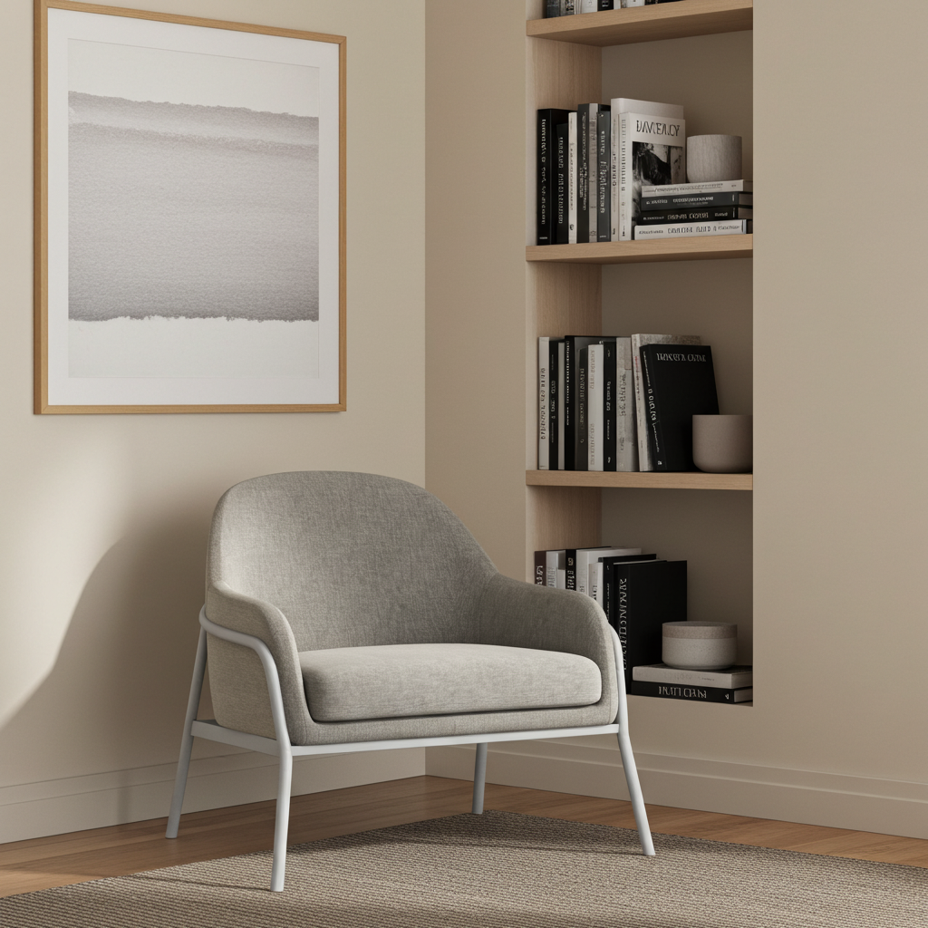 Grey armchair in a room with a bookshelf and framed artwork on the wall.