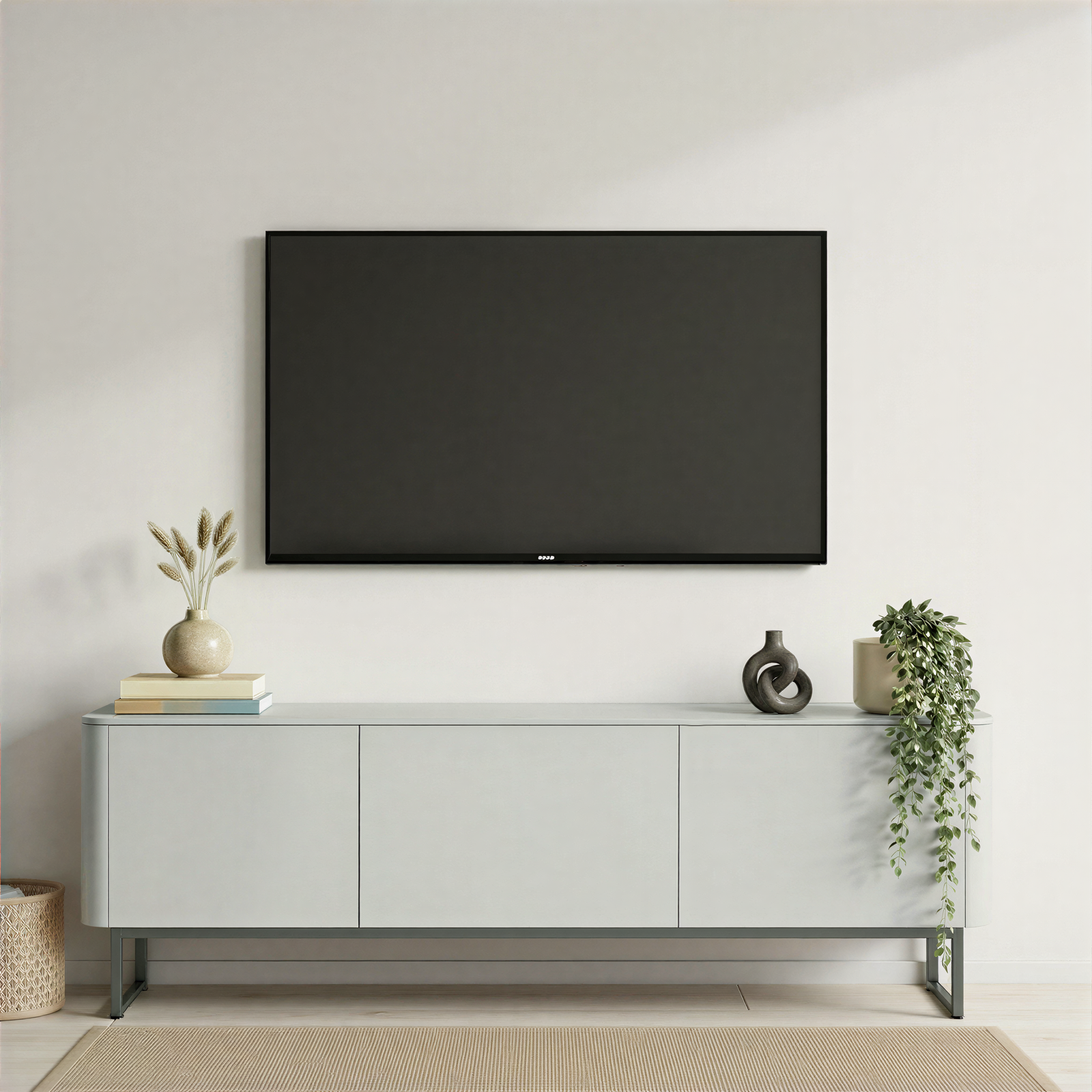 Modern living room with a flat-screen TV above a light grey tv unit.
