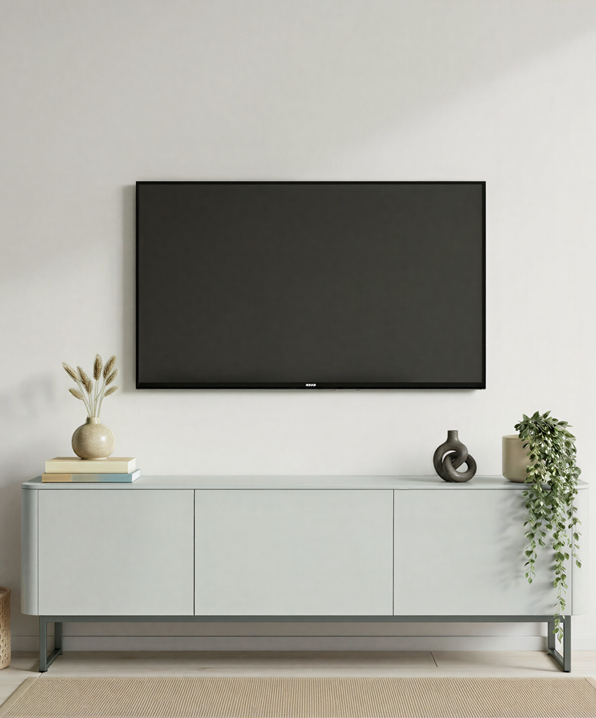 Modern living room with a flat-screen TV above a light grey tv unit.