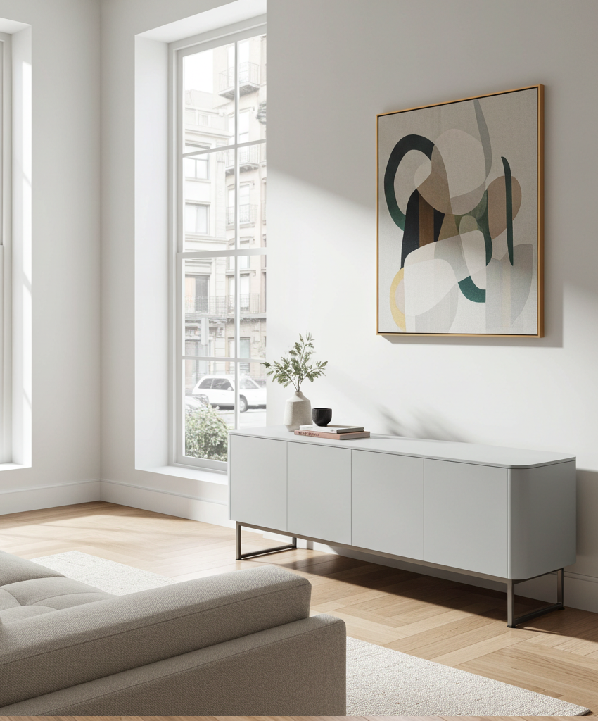 Modern living room with a grey tv unit, framed artwork, and decorative items.