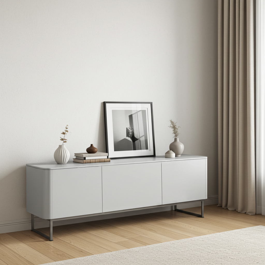 Modern living room with a grey tv unit, framed artwork, and decorative items.