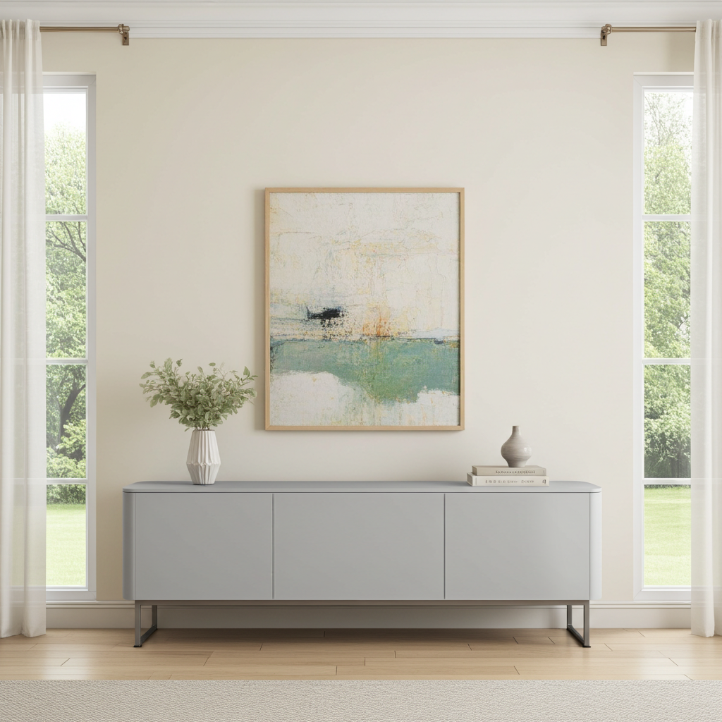 Modern living room with a grey tv unit, framed artwork, and decorative items.