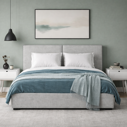 Grey double bed and complimentary nightstands in a modern bedroom.