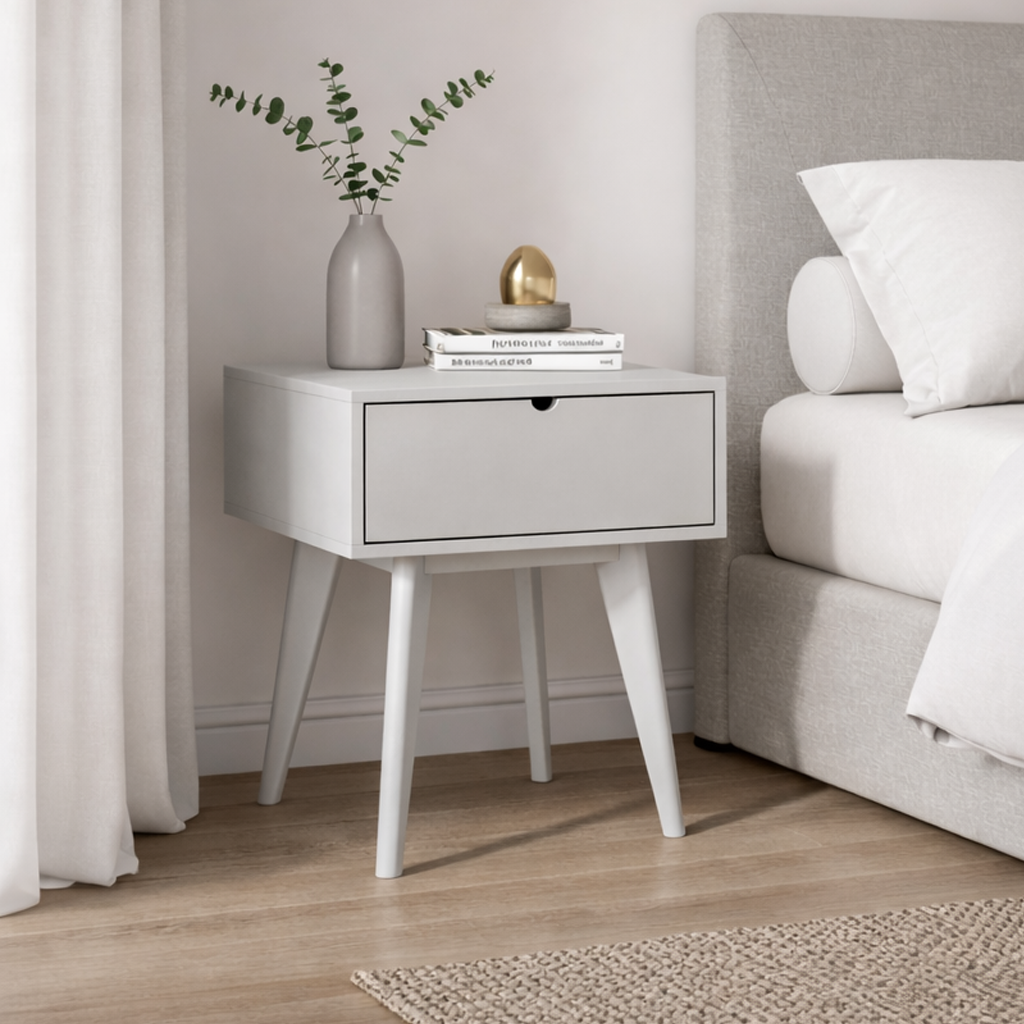 Light grey nightstand with decorative items next to a bed