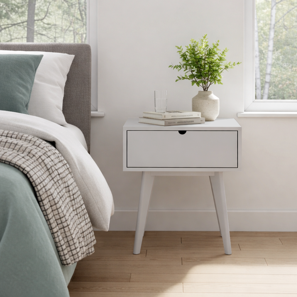 Light grey nightstand with a plant and books next to a bed in a bright bedroom.