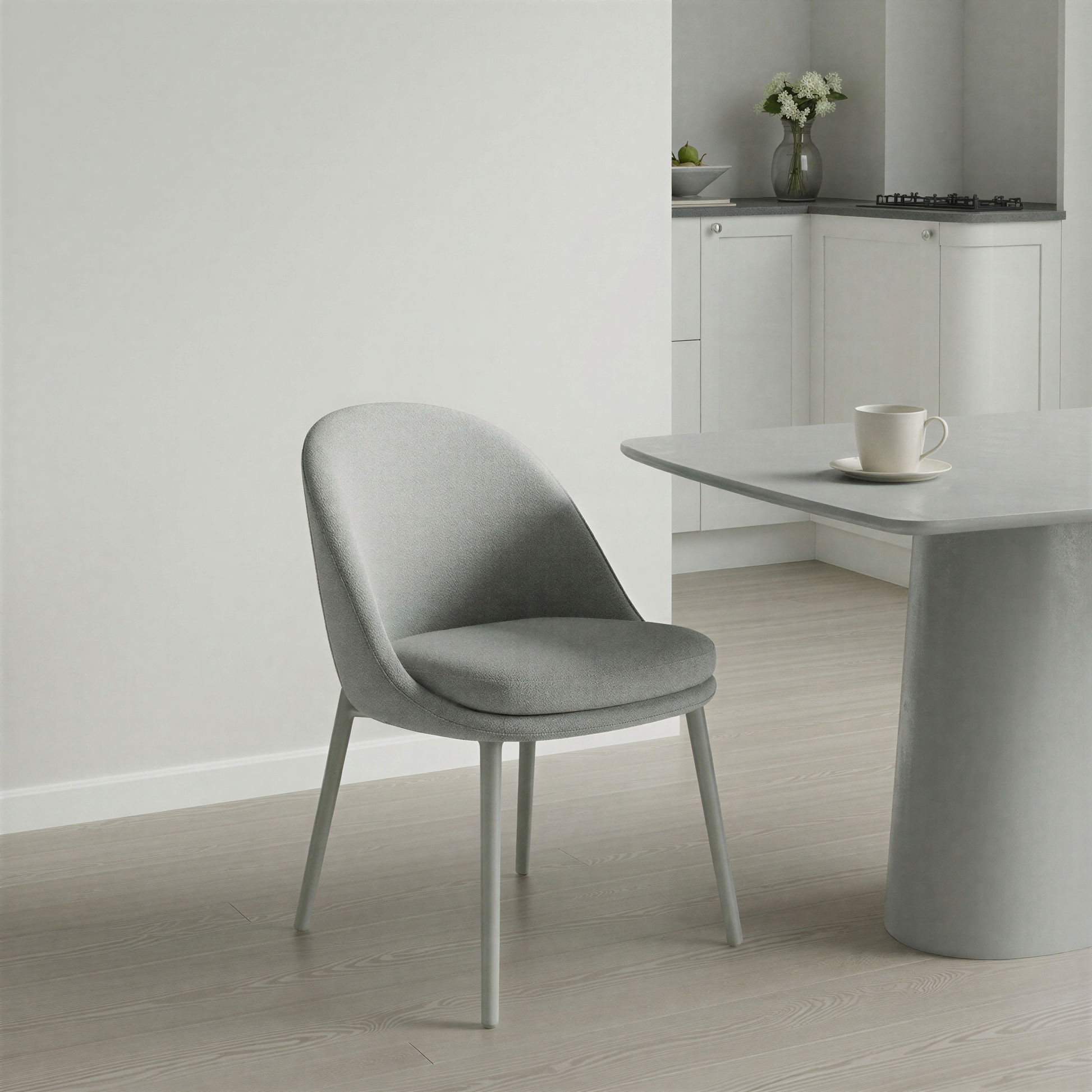 Grey dining chair in a modern kitchen setting with a table and cup.