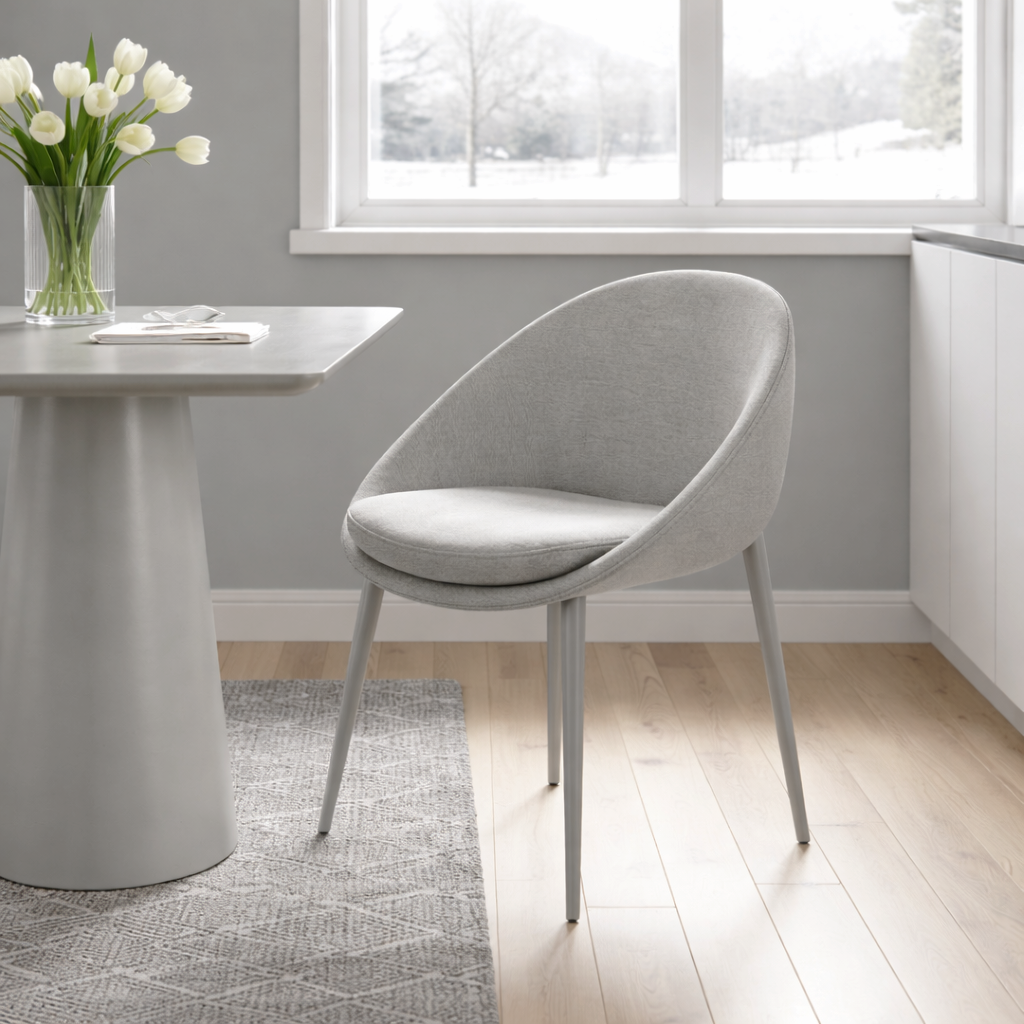 Grey dining chair in a modern room with a table and flowers near a window.