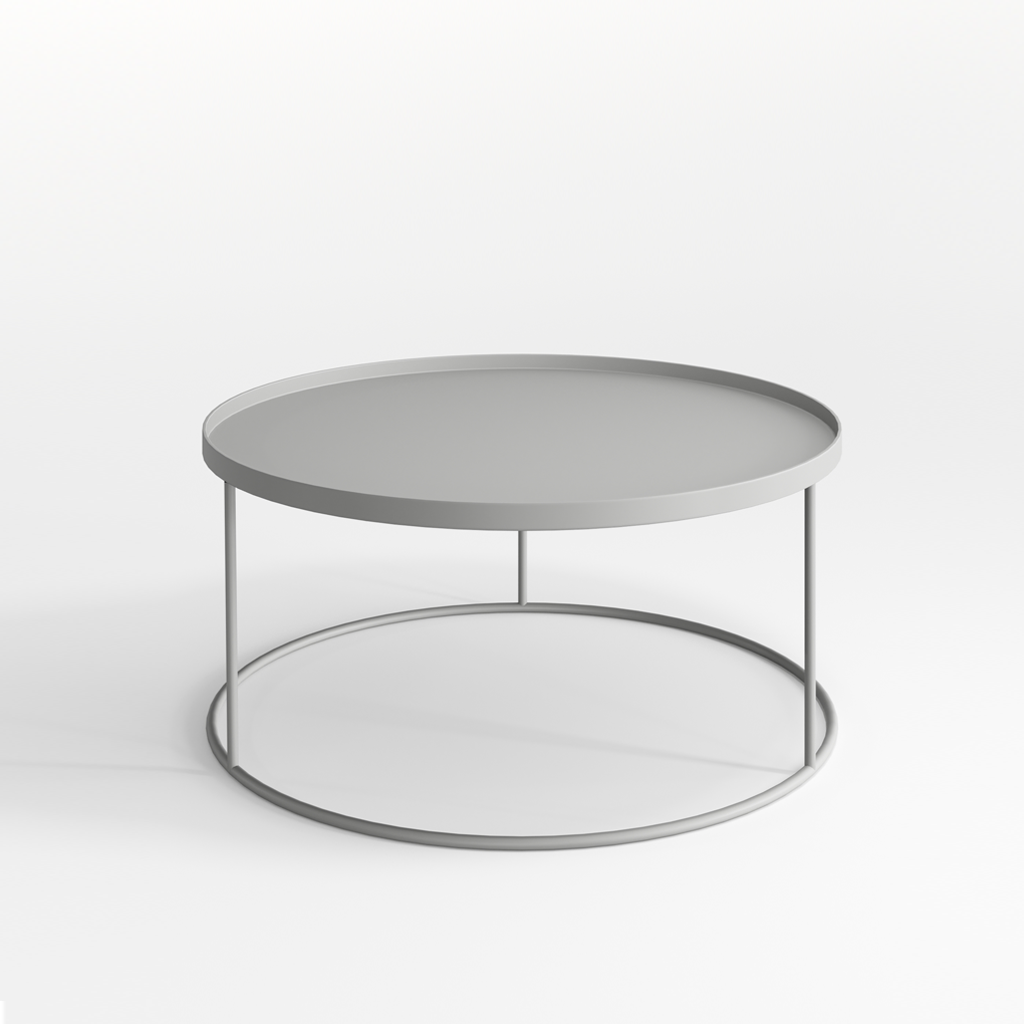Round grey coffee table on a white background.