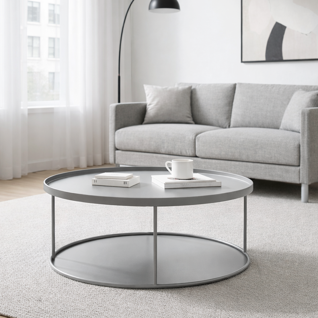 Round grey coffee table in a living room with a grey sofa and decor items.
